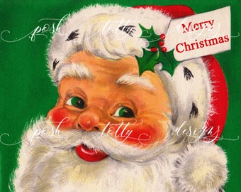 Vintage DIGITAL DOWNLOAD Jolly Old Santa Claus Father Christmas 1950s Graphic Jpeg Printable Framing Handmade Greeting Card Sublimation