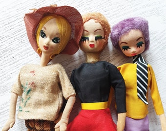 3 x JAPANESE POSE DOLL Vintage 60's Rare Sitting Cloth Stockinette Big Eyelashes Mod Eyed Eyes Japan Fashion Collectable Kitsch Kawaii (PD6)