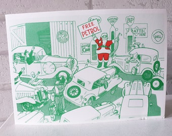 UNUSED 1970s British Christmas Petrol Head Austin 7 Seven Vintage Car Cars Santa New Stock Dead Greeting Mid Century Xmas Card (ET0109)