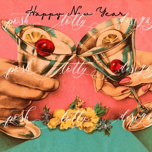 Vintage digitale DOWNLOAD Art Deco viering kerst verjaardag Nieuwjaar Cherry cocktail Cheers afdrukbare framing handgemaakte wenskaarten afbeelding 4