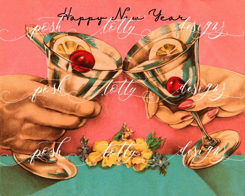 Vintage digitale DOWNLOAD Art Deco viering kerst verjaardag Nieuwjaar Cherry cocktail Cheers afdrukbare framing handgemaakte wenskaarten afbeelding 4