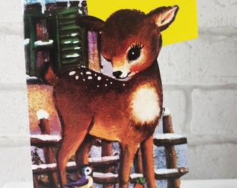 UNUSED 1960s 1970s Baby's 1st Christmas Deer Doe Children's Baby First Snow Bird Greeting Card (ET0017)