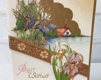 UNUSED 1930s Vintage JAPANESE Birthday Christmas Thinking of You Any Occasion River Flowers Dead Stock Greeting Card (ET00102)