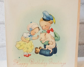UNUSED Vintage 1950's British Kids Boy Girl Pig Piglet Children Kids Birthday Greeting Card ET0036)