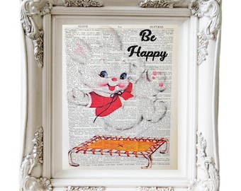 WORD ART Vintage Dictionary Wall Art Happy Bunny Rabbit Affirmation Illustration Decor Print Unique Gift Picture Repurposed Upcycled (WA002)