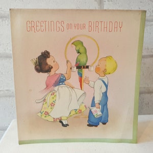 Não utilizado 1940 vintage verde papagaio menino menina papagaios pássaros aniversário KARDONIA cartão de felicitações morto (ET0090)