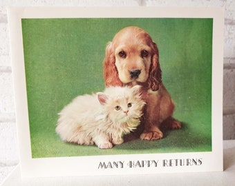 UNUSED Vintage 1950's British Puppy Kitten Pup Dog Cat Best Friends Labrador Long Haired Mid Century Sweet Birthday Greeting Card ET0039)