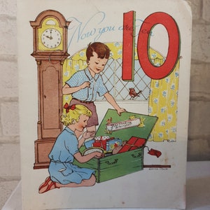 Não utilizado vintage 1950 britânico 10º aniversário menina menino unissex apresenta cartão de aniversário retrô antiquado et119)
