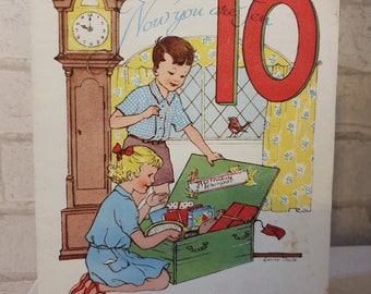 UNUSED Vintage 1950's British 10th Birthday Girl Boy Unisex Presents Old Fashioned Retro Birthday Greeting Card ET119)