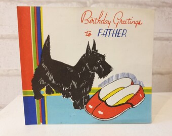 Vintage UNUSED Art Deco 1930s 1940s Scottie Dog Slippers Father Dad Pop Retro Birthday Greeting Card (ET0026)