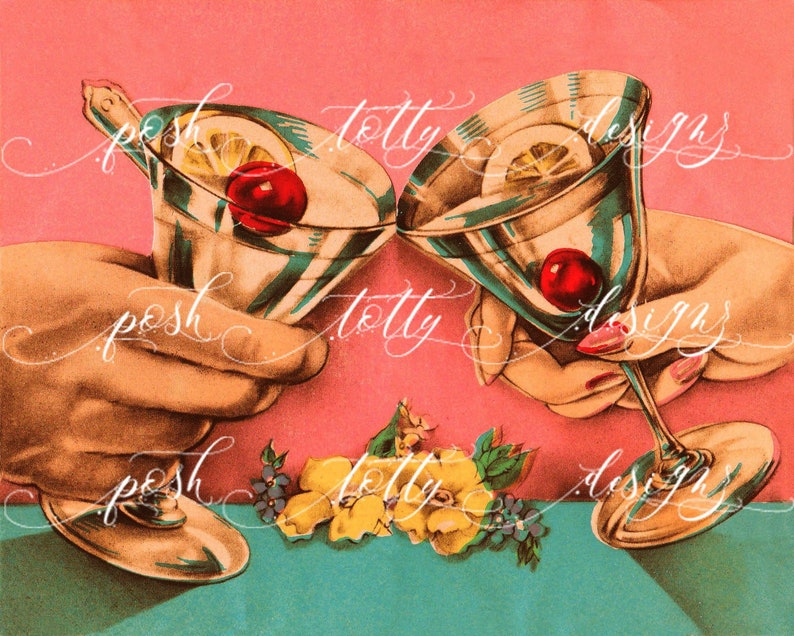 Vintage digitale DOWNLOAD Art Deco viering kerst verjaardag Nieuwjaar Cherry cocktail Cheers afdrukbare framing handgemaakte wenskaarten afbeelding 1