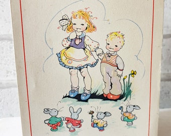 UNUSED 1940s Happy Birthday Boy Girl Unisex Bunny Rabbit Dead Stock Greeting Card (ET0121)