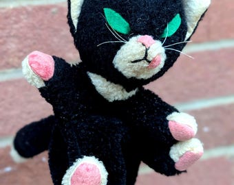 Vintage MCM 1950's Plush Black Cat Children's Puppet Toy