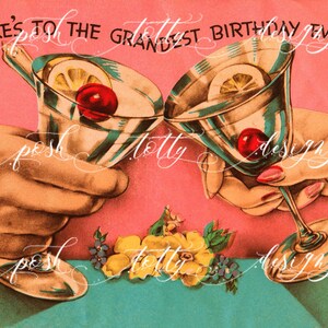 vintage DIGITAL DOWNLOAD Art Déco Célébration anniversaire du Nouvel An Cherry Cocktail Cheers Printable Framing Handmade Greeting Card image 2