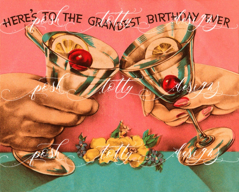 vintage DIGITAL DOWNLOAD Art Déco Célébration anniversaire du Nouvel An Cherry Cocktail Cheers Printable Framing Handmade Greeting Card image 2