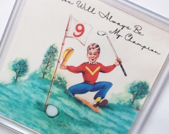 Champion Golfeur Golf Papa Grand-père Acrylique Square Coaster Recyclé Recyclé Recyclé Vintage Carte de Vœux Papier Inutilisé Cadeau Cadeau