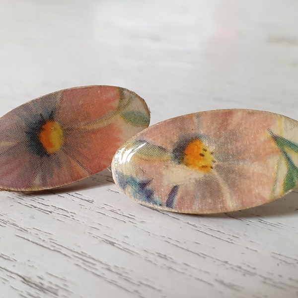 1940s REPURPOSED Vintage Greeting Card Lightweight Oval Wooden Handmade Upcycled Recycled Sustainable Fashion Ethical Floral Earrings