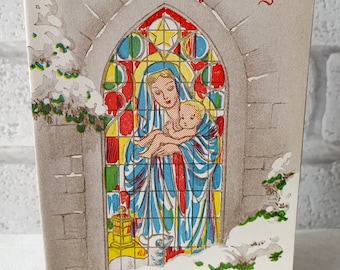 UNUSED Vintage 1940's British Stained Glass Jesus Virgin Mary Religious Snow Christmas Dead Stock Greeting Card ET0075)