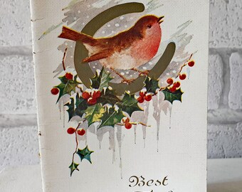 UNUSED Vintage 1930's British Art Deco Robin Redbreast Bird Red Berries Holly Greeting Card ET111)