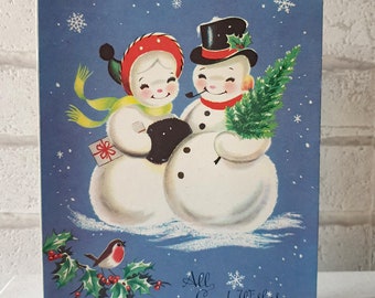 UNUSED 1950s British Christmas Snowman Snowlady Mr & Mrs Robin Bird Festive New Stock Dead Greeting Mid Century Xmas Card (ET0106)