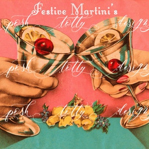 Vintage digitale DOWNLOAD Art Deco viering kerst verjaardag Nieuwjaar Cherry cocktail Cheers afdrukbare framing handgemaakte wenskaarten afbeelding 3