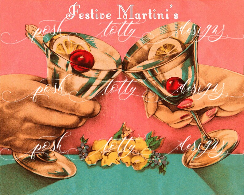 Vintage digitale DOWNLOAD Art Deco viering kerst verjaardag Nieuwjaar Cherry cocktail Cheers afdrukbare framing handgemaakte wenskaarten afbeelding 3