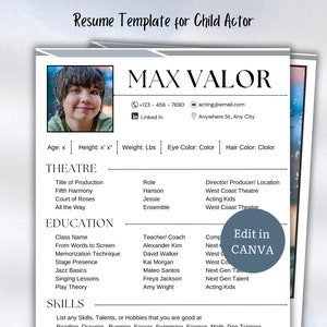 May include: A resume template for a child actor named Max Valor. The resume includes contact information, a headshot, and sections for theatre, education, and skills. The template is designed to be edited in Canva.