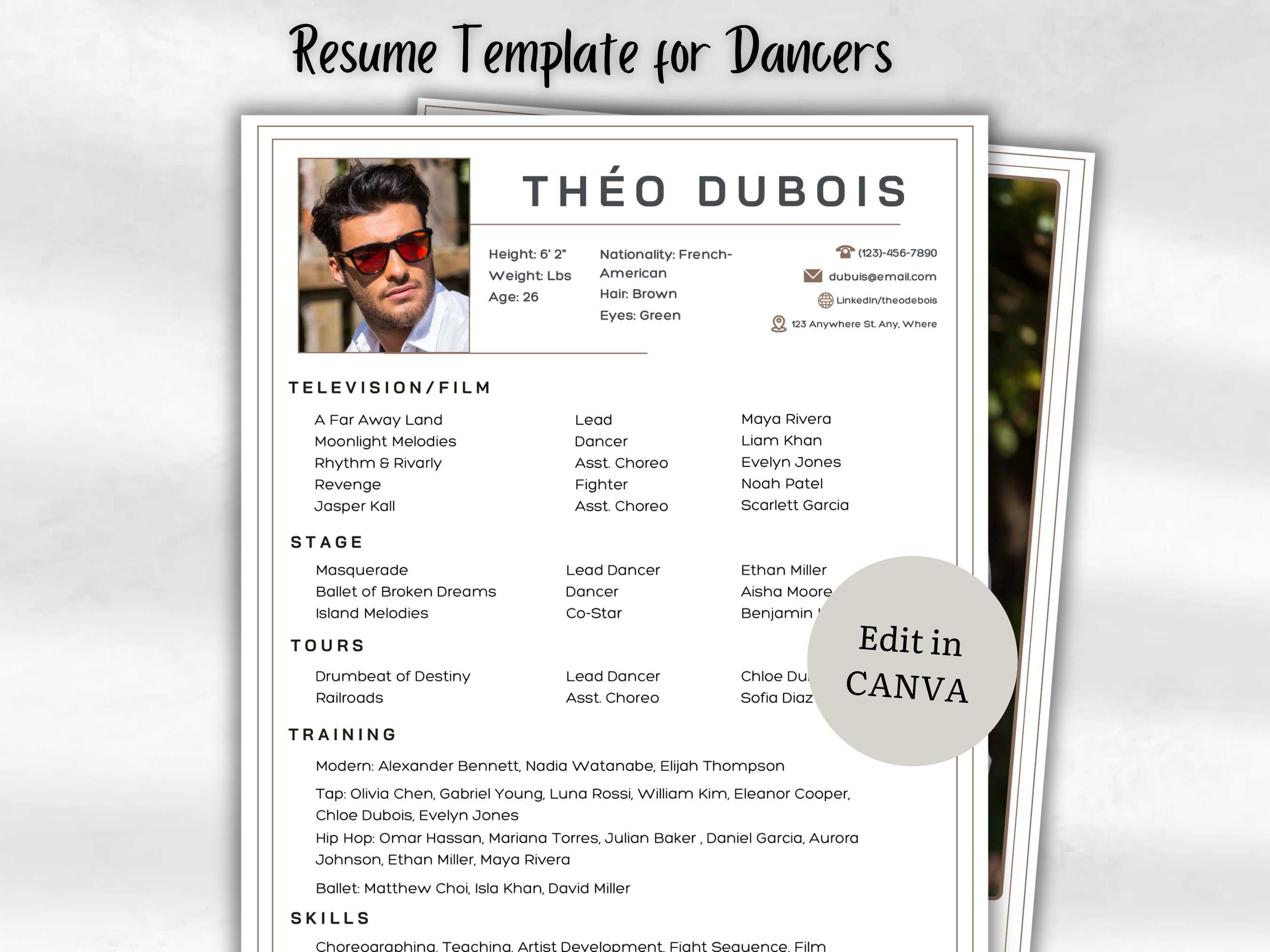 Resume Template for Dancers Auditions Editable in Canva CV Professional ...