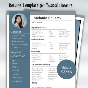 Musical Theatre Resume Auditions Editable in Canva CV Professional Digital Acting Resume 2024 Matching 8x10 Headshot Customizable Template
