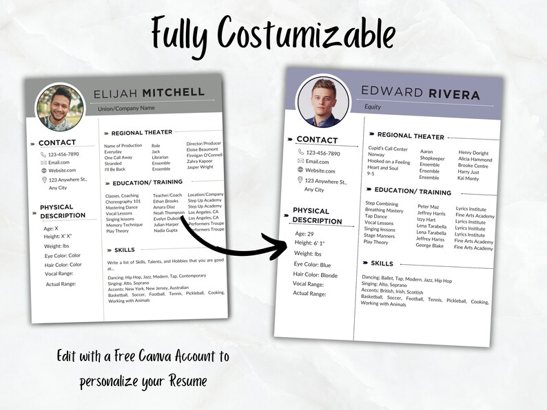 Musical Theatre Resume Auditions Editable in Canva CV Professional ...