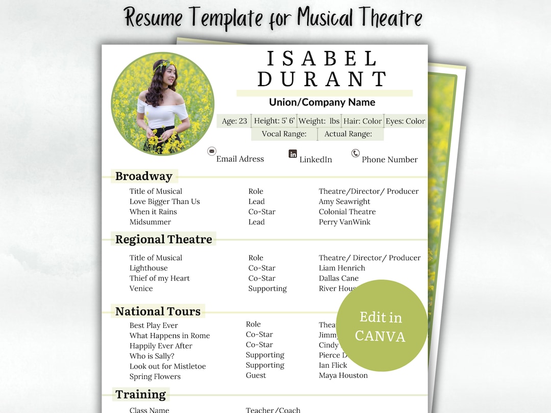 Resume Template for Actors Auditions Editable Canva CV Professional ...