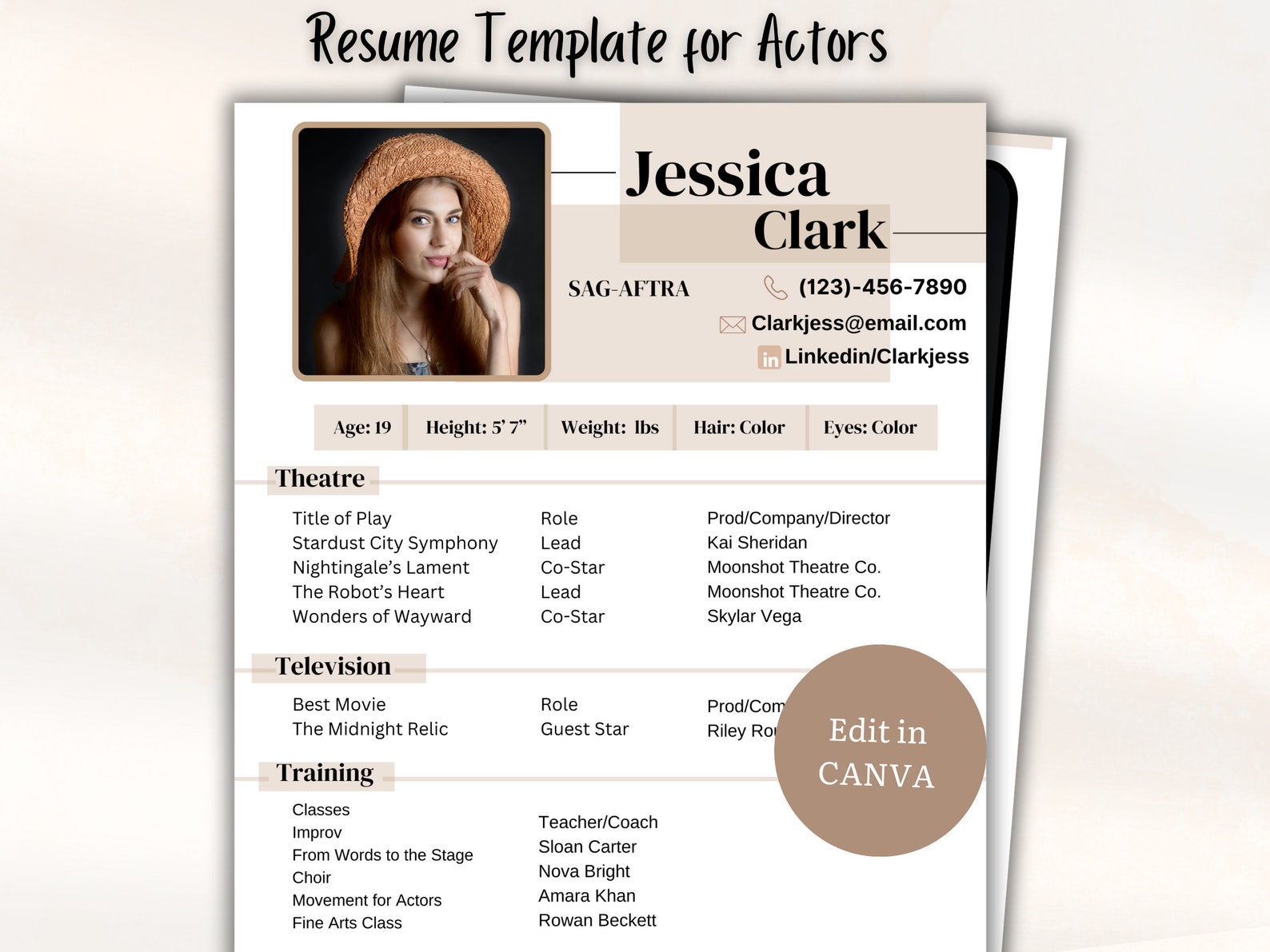 Professional Actors Resume Template Auditions Editable in Canva CV ...