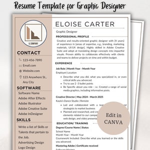 Modelo de currículo de designer gráfico editável para estudante Canva CV currículo de design digital profissional 2024 correspondente ao modelo de carta de apresentação 8,5x11