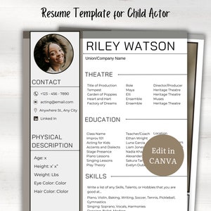 Child Actor Resume Template Freshers Audition Editable Canva CV Professional Digital Acting Resume 2024 Matching 8x10 Headshot Editable