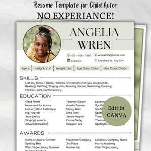 Modèle de CV enfant acteur sans expérience CV Canva modifiable CV professionnel numérique par intérim 2024 correspondant 8 x 10 portrait Agence artistique