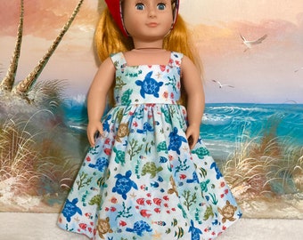 18” Inch Doll Clothes Long Sundress Sea Turtles on Blue with kerchief Fits most 18 inch dolls