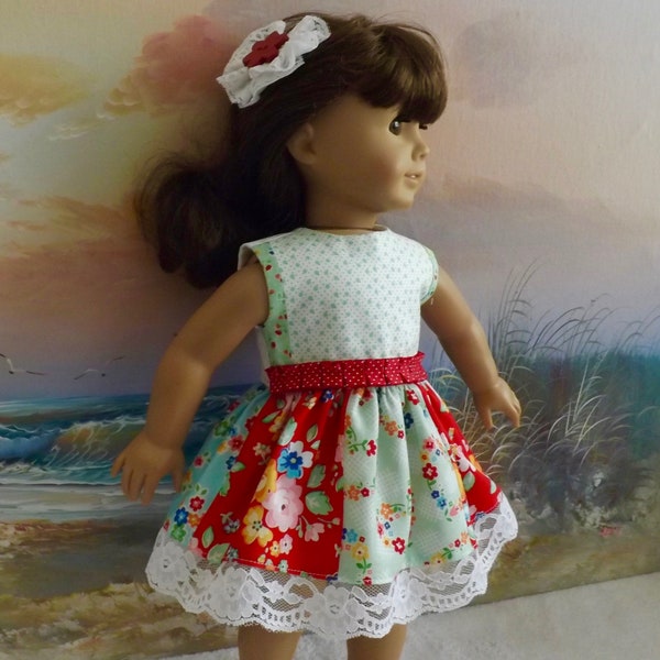 Sale 18" Doll Dress Romantic Arbor Blossom Medley Fabrics Red and Green OOAK Fits dolls like American Girl
