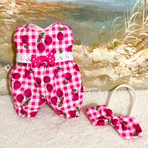 8” Inch Baby Doll Romper Jumpsuit Cherries Dark Pink and White Gingham with Headband