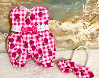 8” Inch Baby Doll Romper Jumpsuit Cherries Dark Pink and White Gingham with Headband