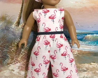18 Inch Doll Clothes Jumpsuit Romper Pink Flamingo With Retro Kerchief