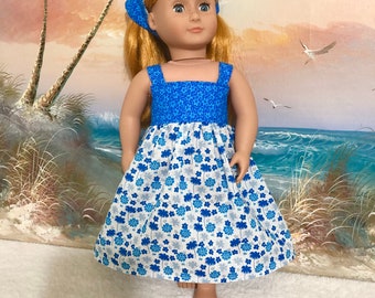 18” Inch Doll Clothes Long Sundress Blue Floral ooak with kerchief Fits most 18 inch dolls