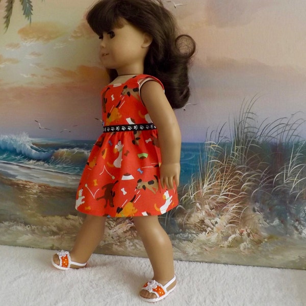 Fits Like American Girl Doll Clothes Handmade Dress Orange Sundress Featuring Dogs at Play Will Fit 18 inch dolls