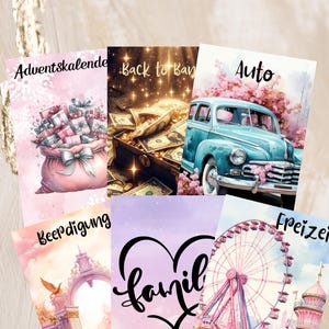 Könnte beinhalten: Sechs bunte Karten mit Aquarell-Illustrationen. Die Karten zeigen Bilder von einem Sack mit Geschenken, einer Truhe mit Geld, einem Oldtimer, einem rosafarbenen Torbogen, einem Herz mit dem Wort "Familie" und einem Riesenrad. Jede Karte hat einen Titel in Deutsch: Advent & Kalende, Back to Ban, Auto, Beerdigung, Familie und Freizeit.