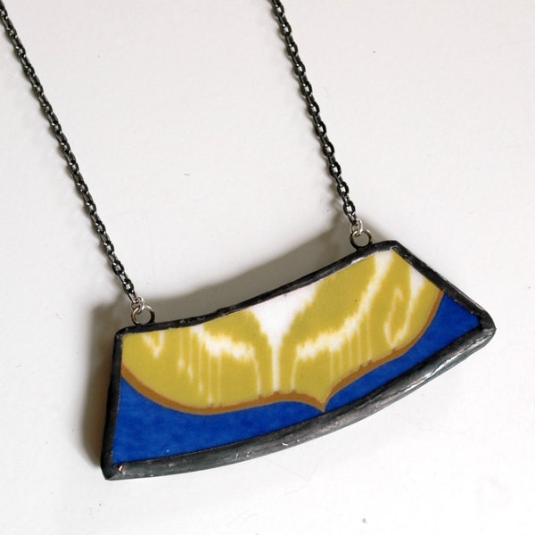 Broken Plate Necklace - Modern Green Blue and Gold Wide - Recycled China