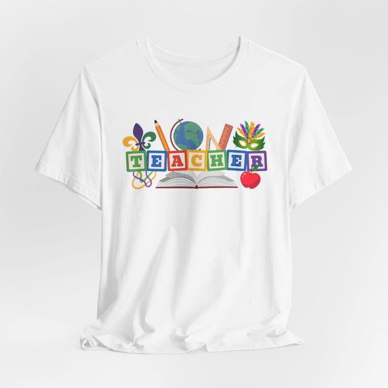 Camiseta de profesora del Mardi Gras de Luisiana, camiseta colorida para profesora, camiseta con accesorios para profesora, camiseta unisex imagen 2