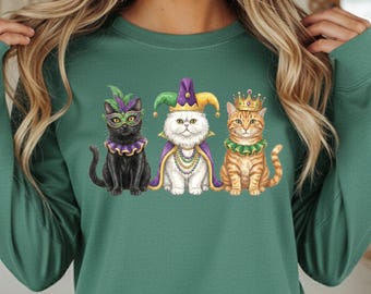 Camiseta de manga larga Mardi Gras Kitties / Trío de gatos de Nueva Orleans con máscaras y cuentas festivas
