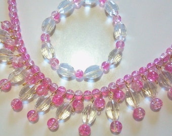 Pink Bib Necklace and Bracelet Jewelry Set, Pink Glass Bead and Clear Crystal Statement Necklace, Valentine Gift For Her, Party Jewelry