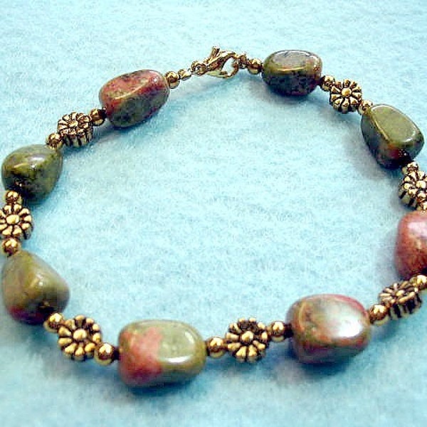 Natural Stone Unakite Nugget Bracelet, Earthtone Green and Brown Beaded Golden Flower Bracelet, Handmade Gemstone Jewelry