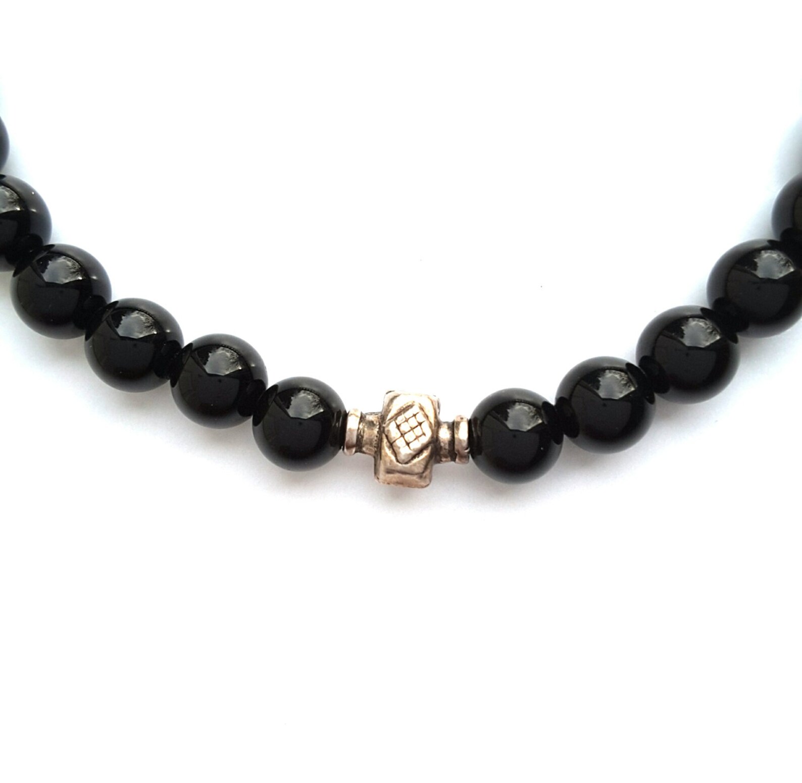 Mens Black Onyx Stone Bead Stretch Bracelet, Sterling Silver Accent