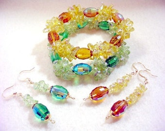Crystal Bracelets and Earrings Set, Amber Yellow and Sparkling Green Crystal Bead Bracelets, Beaded Jewelry Set with Dangle Earrings